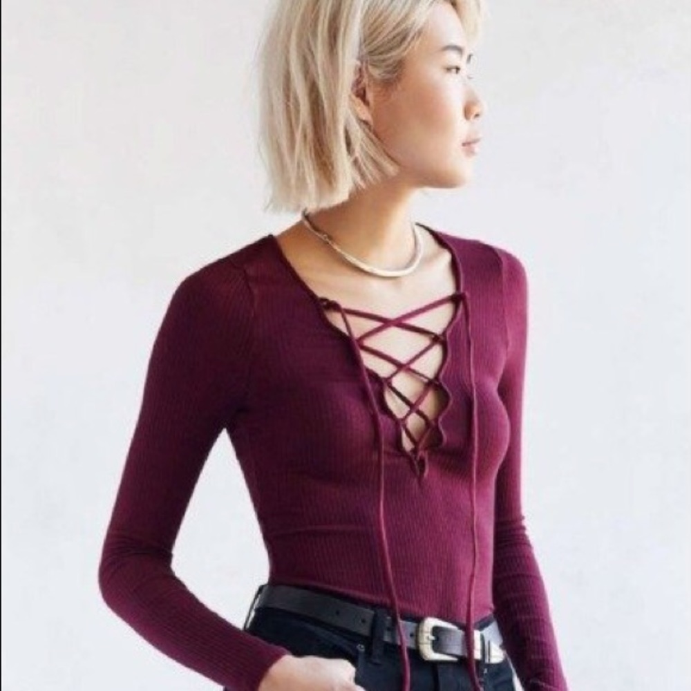 Urban outfitters gray ribbed lace up shirt